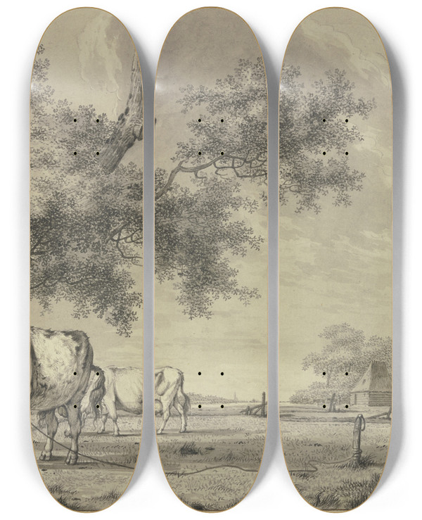 Triptych art skateboard deck of Bernhard Hendrik Thier Landscape With Tethered Bull by Bernhard Hendrik Thier (1743-1811)