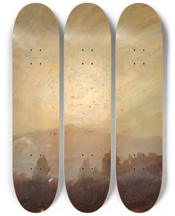 Triptych art skateboard deck of Frederic Edwin Church Sunset_6 by Frederic Edwin Church (1826-1900)