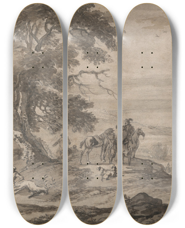 Triptych art skateboard deck of Jan Wyck Stag Hunting by Jan Wyck (1645-1702)