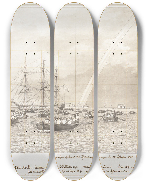 Triptych art skateboard deck of Christoffer Wilhelm Eckersberg Thorvaldsens Ankomst Og Modtagelse P Kbenhavns Red Den 17 September 1838 by Christoffer Wilhelm Eckersberg (1783-1853)