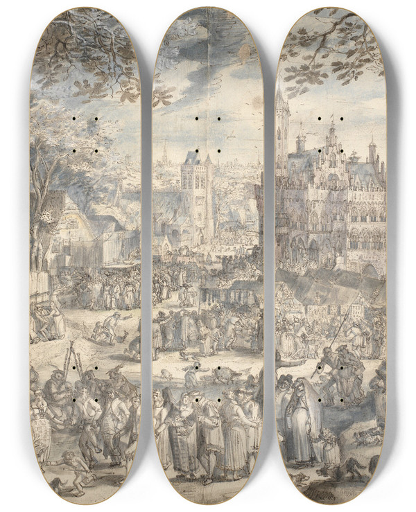 Triptych art skateboard deck of David Vinckboons Kermesse_1 by David Vinckboons (1576-1629)
