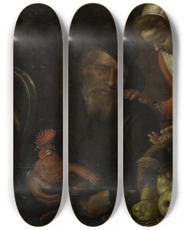 Triptych art skateboard deck of Cornelis Jacobsz Delff The Poultry Seller by Cornelis Jacobsz Delff (1570-1643)
