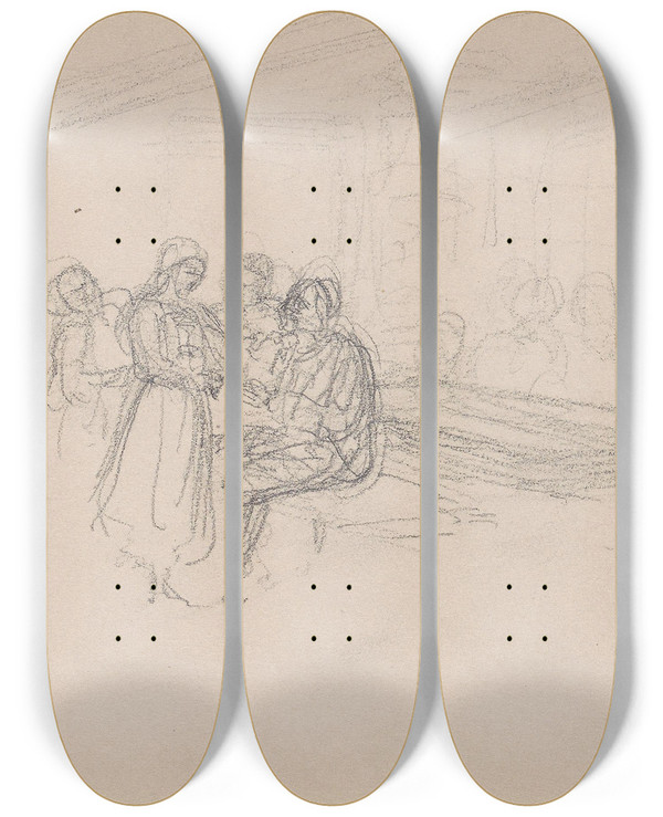 Triptych art skateboard deck of Adolph Tidemand Figurscene I Interir_1 by Adolph Tidemand (1814-1876)