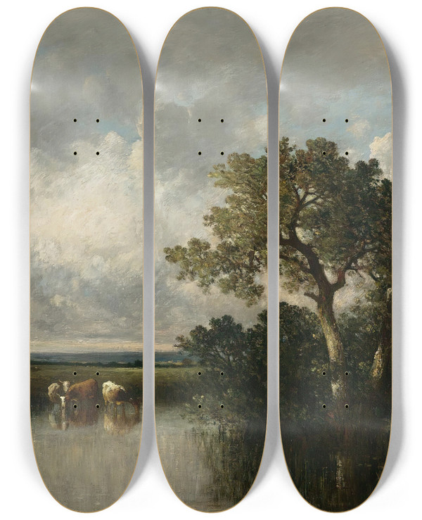 Triptych art skateboard deck of Lonvictor Dupr La Mare Aux Chnes by Leon Victor Dupre (1816-1879)