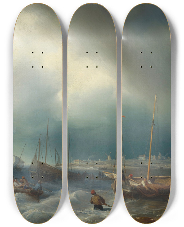 Triptych art skateboard deck of Johan Hendrik Louis Meyer Coastal View by Johan Hendrik Louis Meyer
