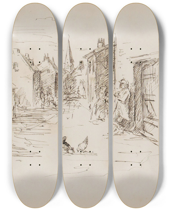 Triptych art skateboard deck of Marius Bauer Dorpsstraat Met Figuren by Marius Bauer (1867-1932)
