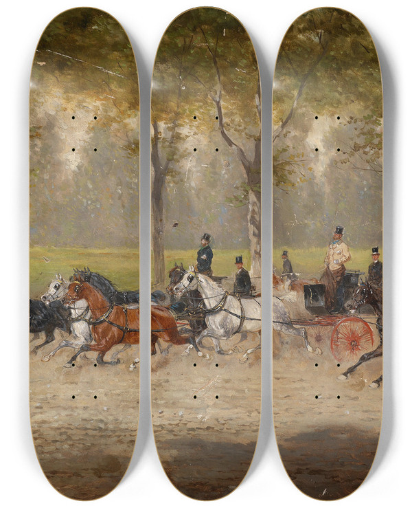 Triptych art skateboard deck of Alexander Von Bensa Kutschenrennen by Alexander Von Bensa (1820-1902)
