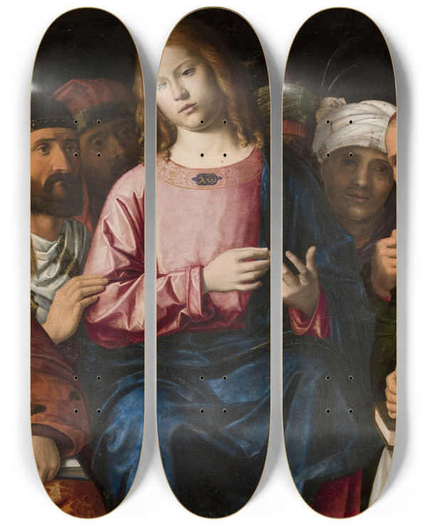 Triptych art skateboard deck of Giovanni Battista Cima Da Conegliano Christ Among The Doctors by Giovanni Battista Cima Da Conegliano (1459-1517)
