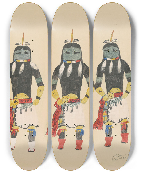 Triptych art skateboard deck of Patricio Toya Longhaired Kachinas by Patricio Toya (20-)