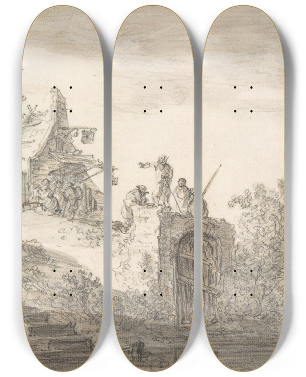 Triptych art skateboard deck of Jan Van Goyen Landscape With Figures by Jan Van Goyen (1596-1656)