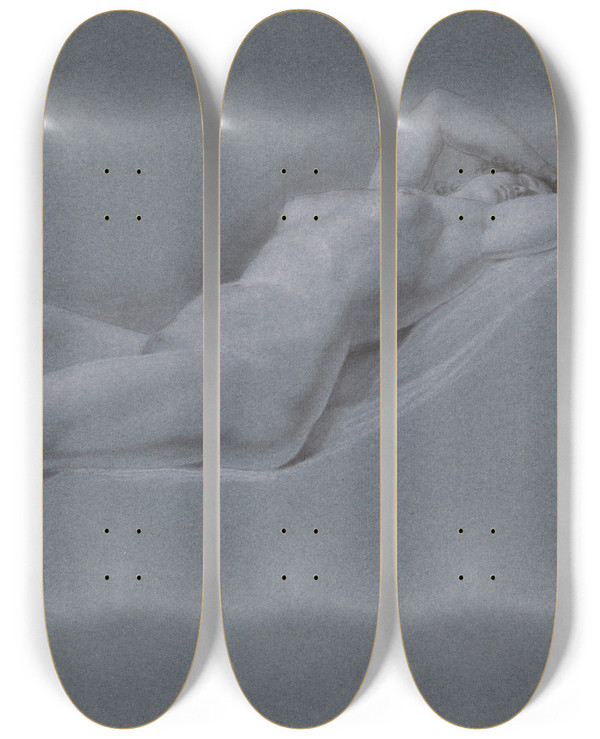Triptych art skateboard deck of John Trumbull Reclining Nude Frontview by John Trumbull (1756-1843)