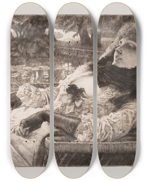 Triptych art skateboard deck of James Tissot Soire Dt by James Tissot (1836-1902)
