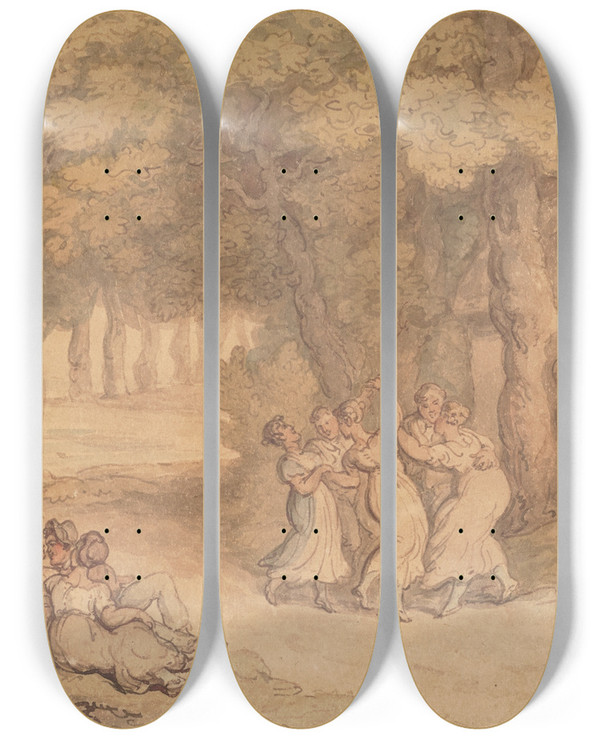Triptych art skateboard deck of Thomas Rowlandson Villagers Merrymaking by Thomas Rowlandson (1756-1827)