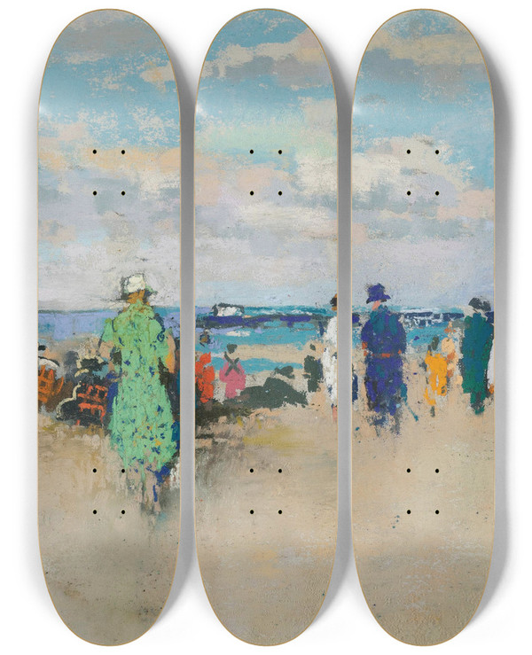 Triptych art skateboard deck of Paulelie Gernez Scene De Plage Trouville by Paul-Elie Gernez (1888-1948)