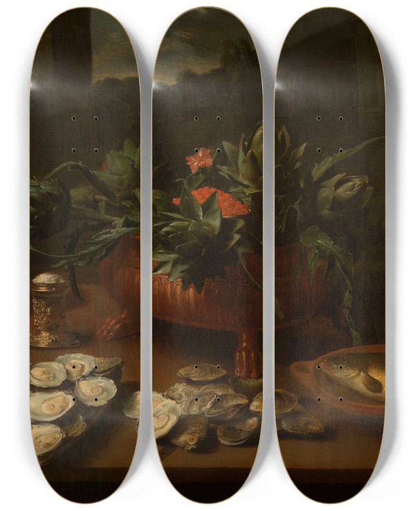 Triptych art skateboard deck of Jacob Foppens Van Es Still Life by Jacob Foppens Van Es (1596-1666)