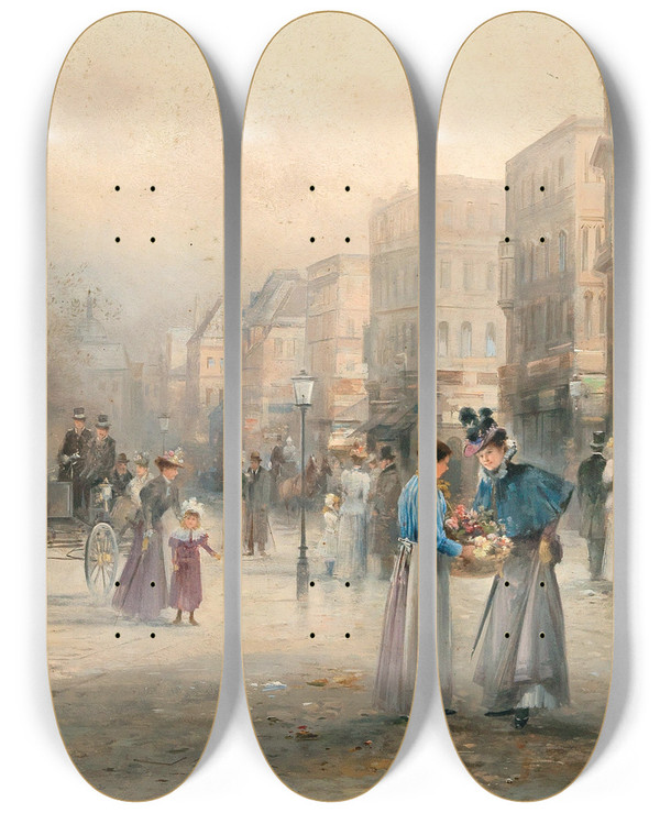 Triptych art skateboard deck of Emil Barbarini A Scene In Paris Ii by Emil Barbarini (1855-1933)