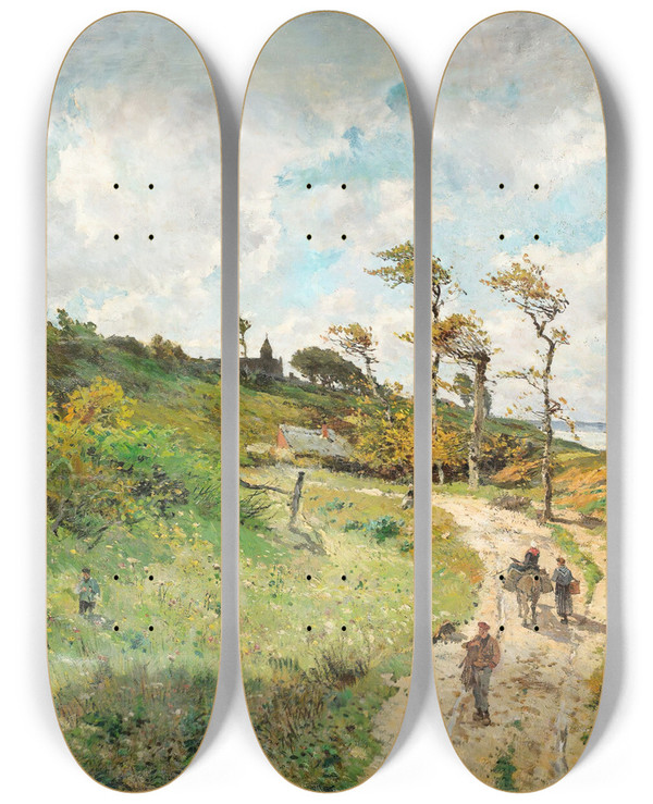 Triptych art skateboard deck of Edmondmarie Petitjean Path By The Seaside by Edmond Marie Petitjean (1844-1925)