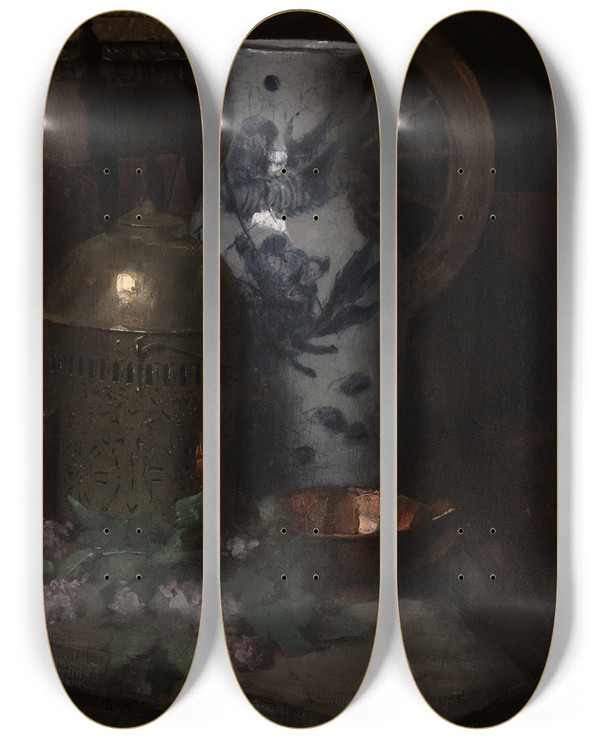 Triptych art skateboard deck of Julian Alden Weir Still Life In Thestudio by Julian Alden Weir (1852-1919)