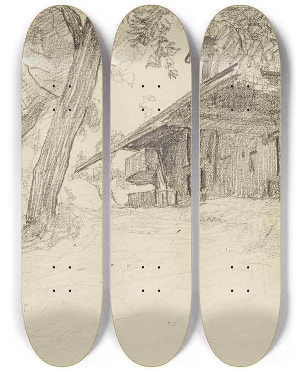 Triptych art skateboard deck of Albert Anker Zwei Bauernhuser by Albert Anker (1831-1910)