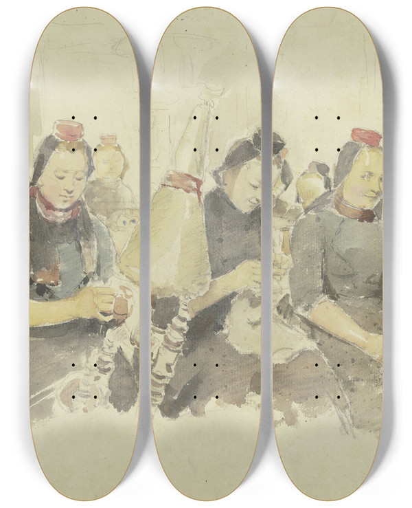 Triptych art skateboard deck of Jacob Happ Spinning Room In Schwalm by Jacob Happ (1861-1936)