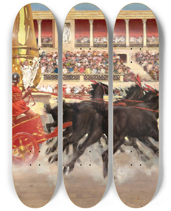 Triptych art skateboard deck of Raffaello Sorbi Chariot Race In The Circus by Raffaello Sorbi (1844-1931)