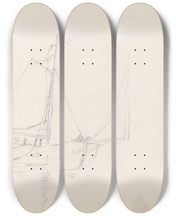 Triptych art skateboard deck of Adolph Tidemand Seilbt by Adolph Tidemand (1814-1876)