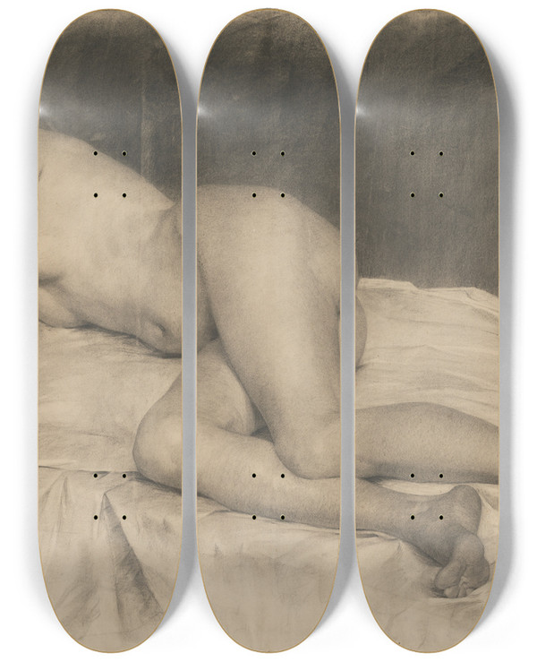 Triptych art skateboard deck of Jozef Hanula Lying Female Nude by Jozef Hanula (1863-1944)