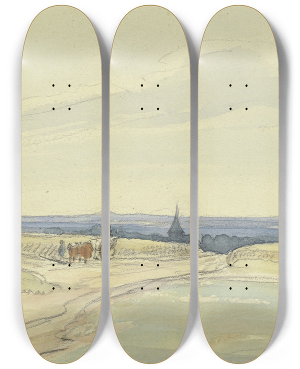 Triptych art skateboard deck of Anton Burger Flat Landscape by Anton Burger (1824-1905)
