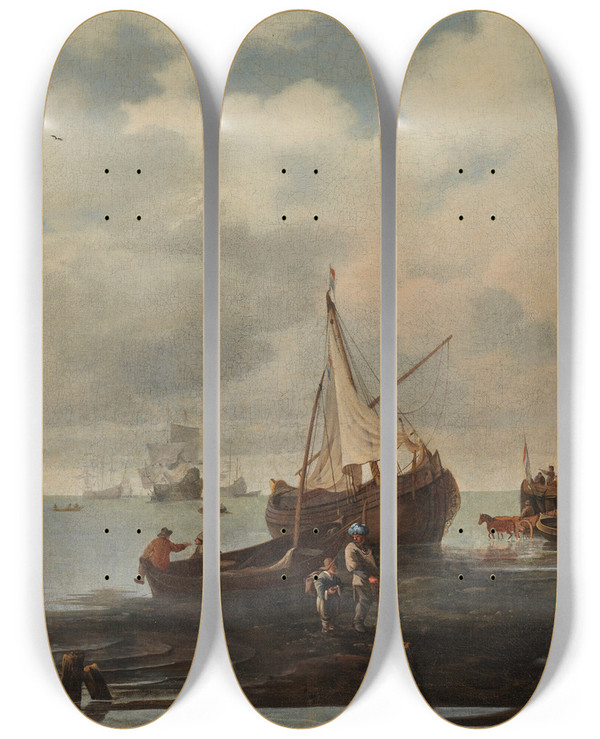 Triptych art skateboard deck of Hendrick Jacobsz Dubbels A Calm With Ships And Fishermen Along The Shore by Hendrick Jacobsz Dubbels (1621-1707)