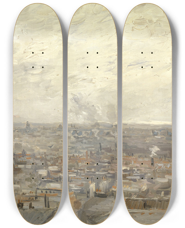 Triptych art skateboard deck of Vincent Van Gogh View From Montmartre by Vincent van Gogh (1853-1890)