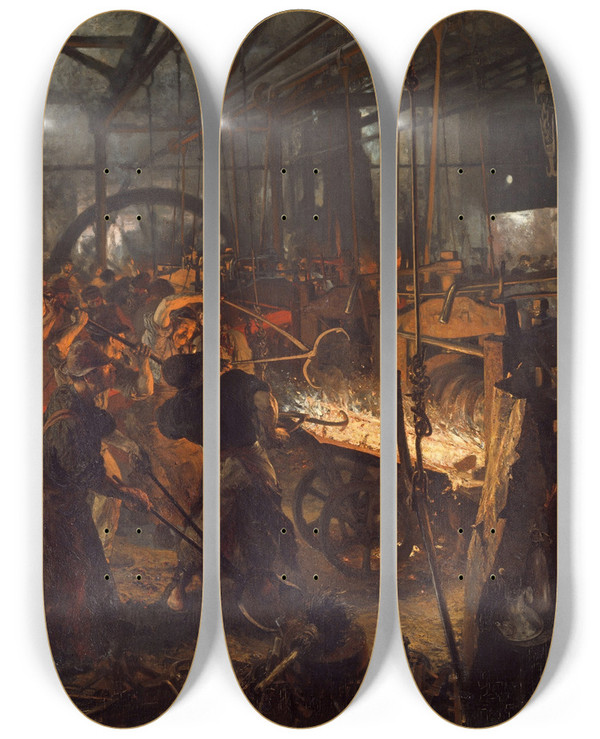 Triptych art skateboard deck of Adolph Von Menzel The Iron Rolling Mill Modern Cyclopes by Adolph Von Menzel (1815-1905)