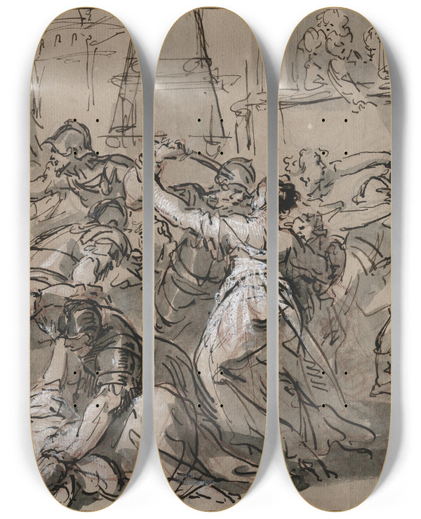 Triptych art skateboard deck of Jacob De Wit De Kindermoord Te Bethlehem by Jacob de Wit (1695-1754)