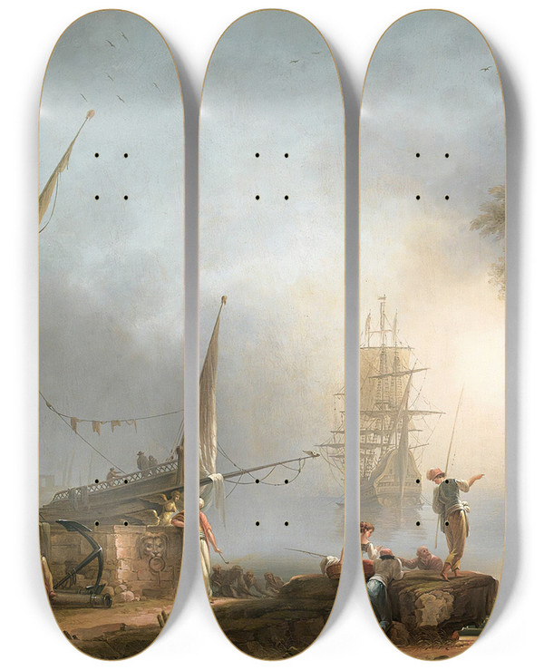 Triptych art skateboard deck of Francesco Fidanza Mediteranean View At Daybreak by Francesco Fidanza (1747-1819)