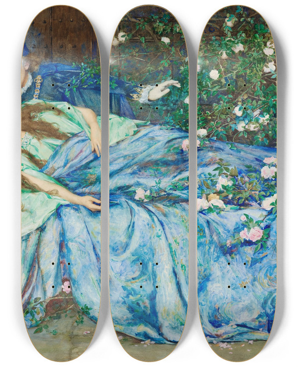 Triptych art skateboard deck of Henry Meynell Rheam The Sleeping Beauty by Henry Meynell Rheam (1859-1920)