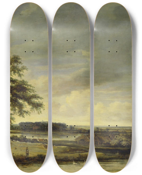 Triptych art skateboard deck of Philips Koninck Dutch Landscape by Philips Koninck (1619-1688)