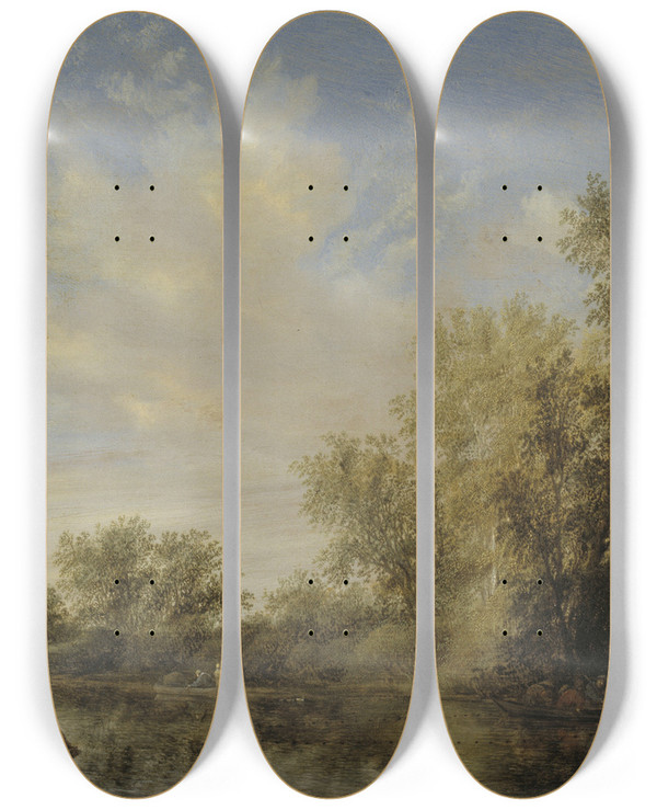 Triptych art skateboard deck of Jacob Salomonsz Van Ruysdael River Landscape by Jacob Salomonsz Van Ruysdael (1630-1681)