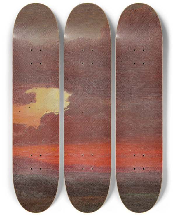 Triptych art skateboard deck of Frederic Edwin Church Sunset Hudson New York_2 by Frederic Edwin Church (1826-1900)