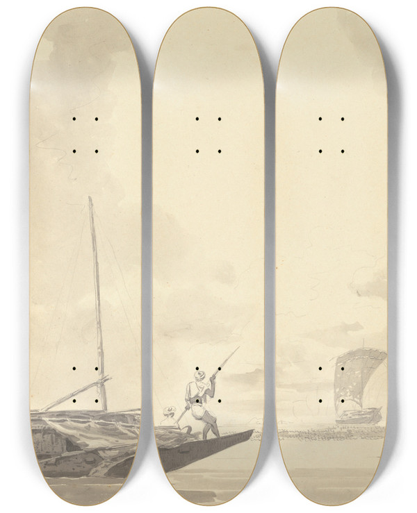 Triptych art skateboard deck of Samuel Davis Boats On The Hoogley Hooghly River by Samuel Davis (1757-1819)