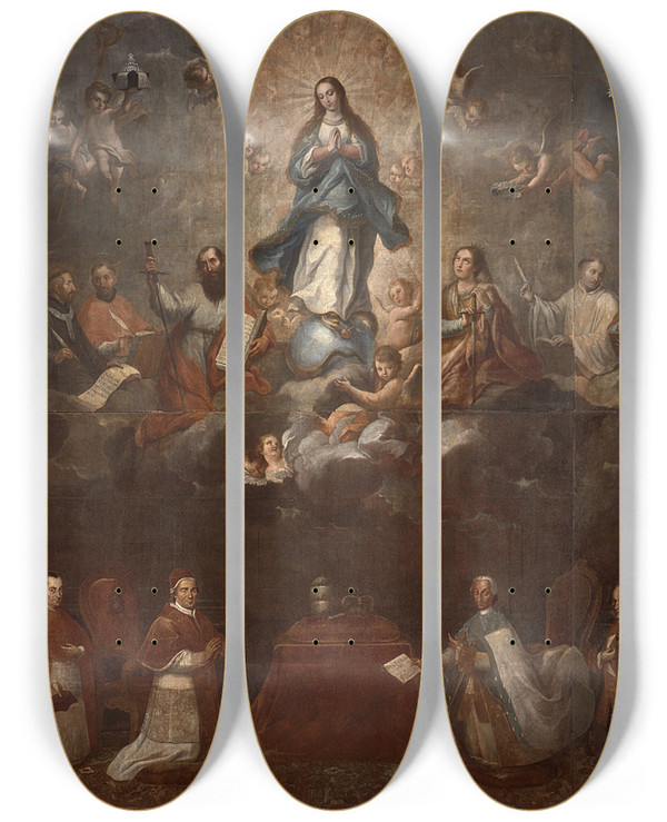 Triptych art skateboard deck of Francisco Antonio Vallejo Glorification Of The Immaculate Conception by Francisco Antonio Vallejo (1722-1785)