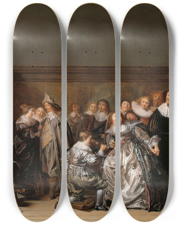 Triptych art skateboard deck of Pieter Codde An Elegant Company by Pieter Codde (1599-1678)