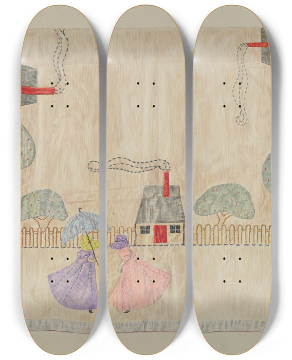 Triptych art skateboard deck of Edith Magnette Table Cover by Edith Magnette (20-)