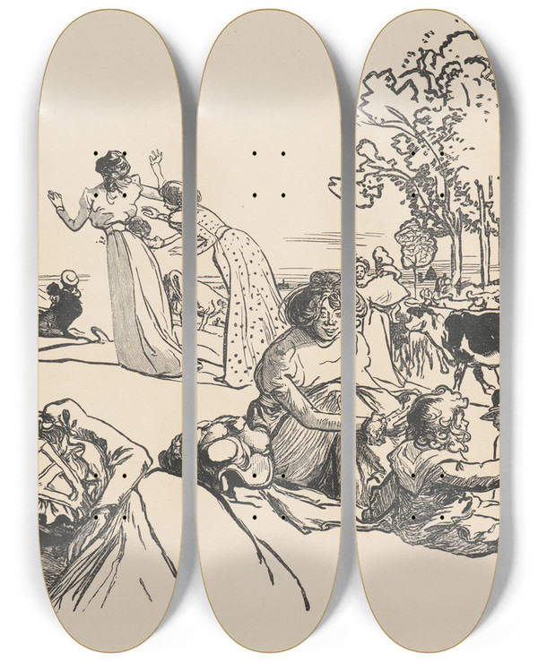 Triptych art skateboard deck of Auguste Louis Lepre Bucolique Moderne 2 by Auguste Louis Lepere (1849-1918)