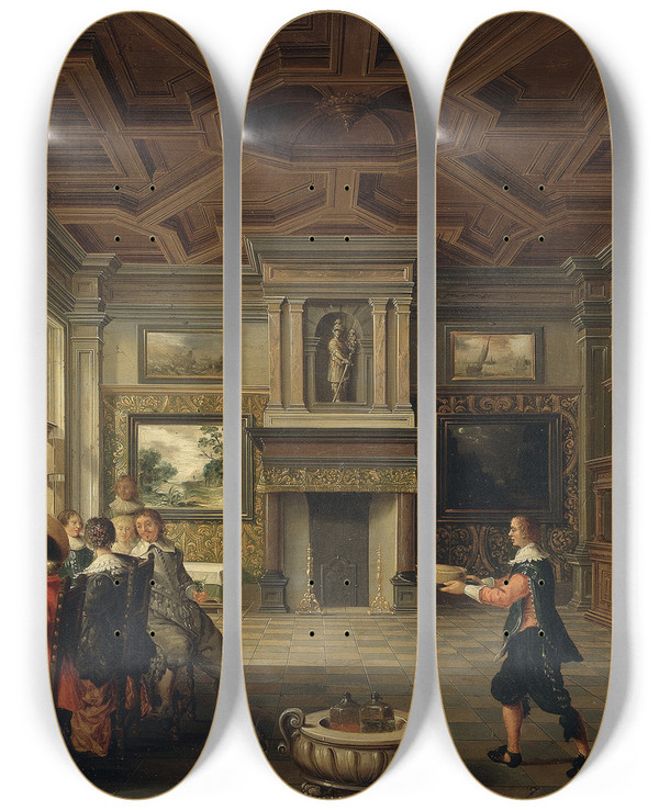 Triptych art skateboard deck of Dirck Van Delen Distinguished Dinner Company In An Interior by Dirck Van Delen (1604-1671)