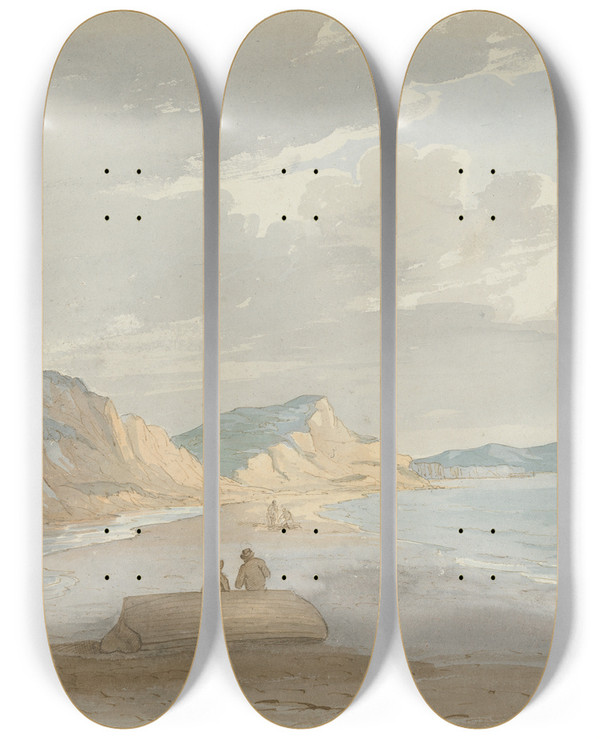 Triptych art skateboard deck of John Baverstock Knight The Beach At Charmouth by John Baverstock Knight (1785-1859)