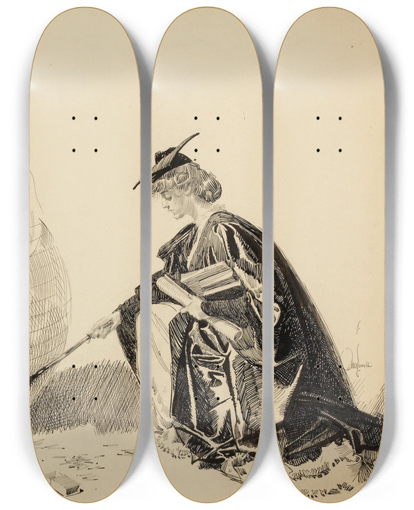 Triptych art skateboard deck of Orson Byron Lowell Setting The World On Fire by Orson Byron Lowell (1871-1956)