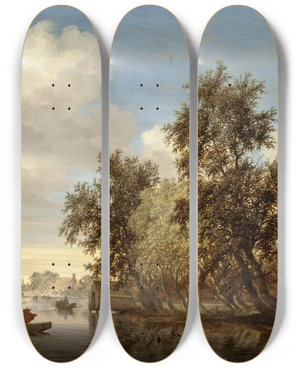 Triptych art skateboard deck of Salomon Van Ruysdael River Landscape With A Ferry by Salomon Van Ruysdael (1602-1670)