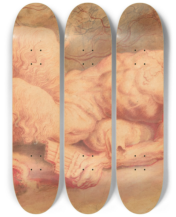 Triptych art skateboard deck of Peter Paul Rubens Pan Reclining by Peter Paul Rubens (1577-1640)