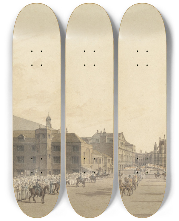 Triptych art skateboard deck of Robert Bremmel Schnebbelie Westminster During Queen Carolines Trial by Robert Bremmel Schnebbelie (1781-1847)