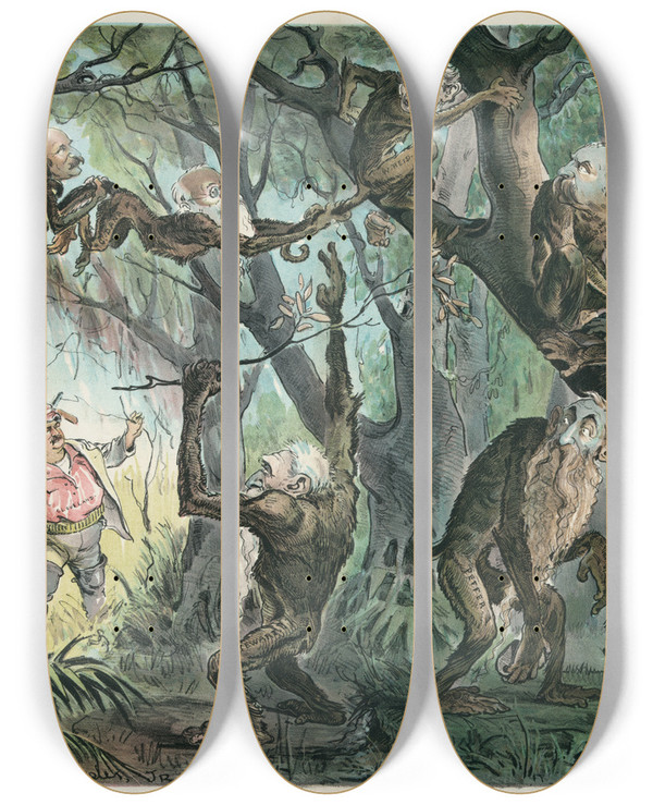 Triptych art skateboard deck of Udo Keppler Through The Jungle by Udo Keppler (1872-1956)