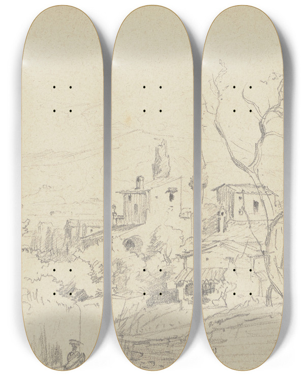 Triptych art skateboard deck of Friedrich Metz Landscape Near Florence_1 by Friedrich Metz (1820-1901)